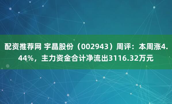 配资推荐网 宇晶股份（002943）周评：本周涨4.44%，主力资金合计净流出3116.32万元